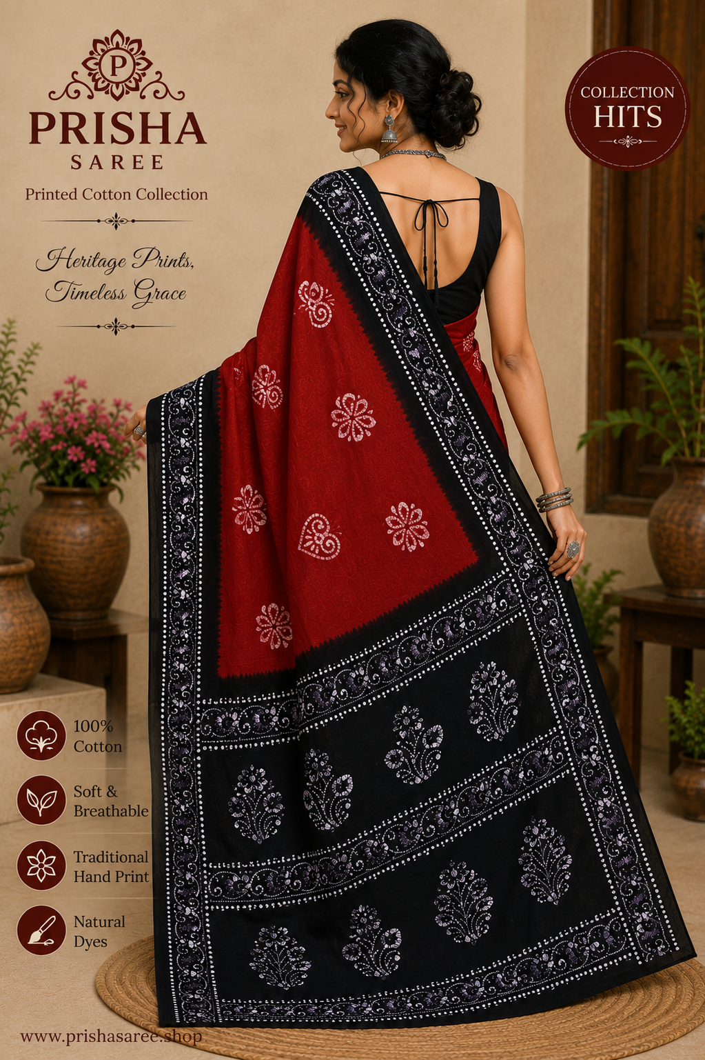 Prisha Maroon Hand Block Print Cotton Saree with Black Hand Print Border | Soft Daily Wear Cotton Saree