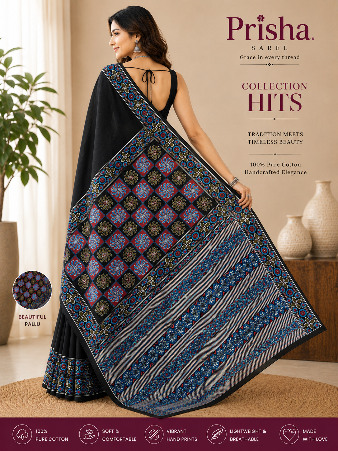 “Soft Cotton Printed Saree – Organic Dyes, Colour & Wash Guarantee”