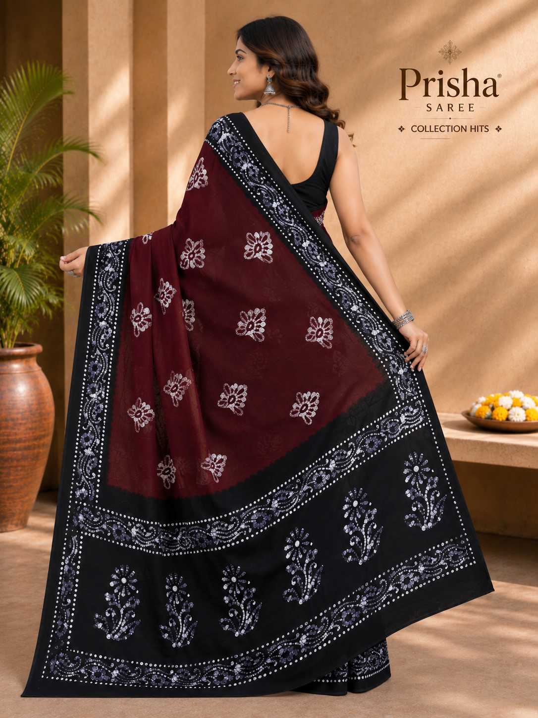 Prisha Wine Maroon Hand Batik Cotton Saree with Black Floral Border | Soft Hand Printed Daily Wear Saree