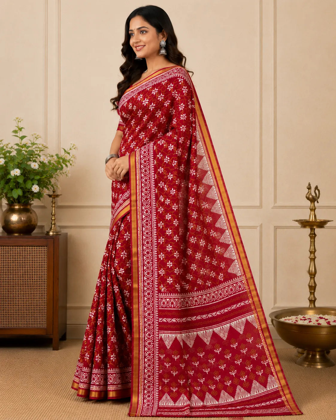 Chanderi Red Cotton Saree