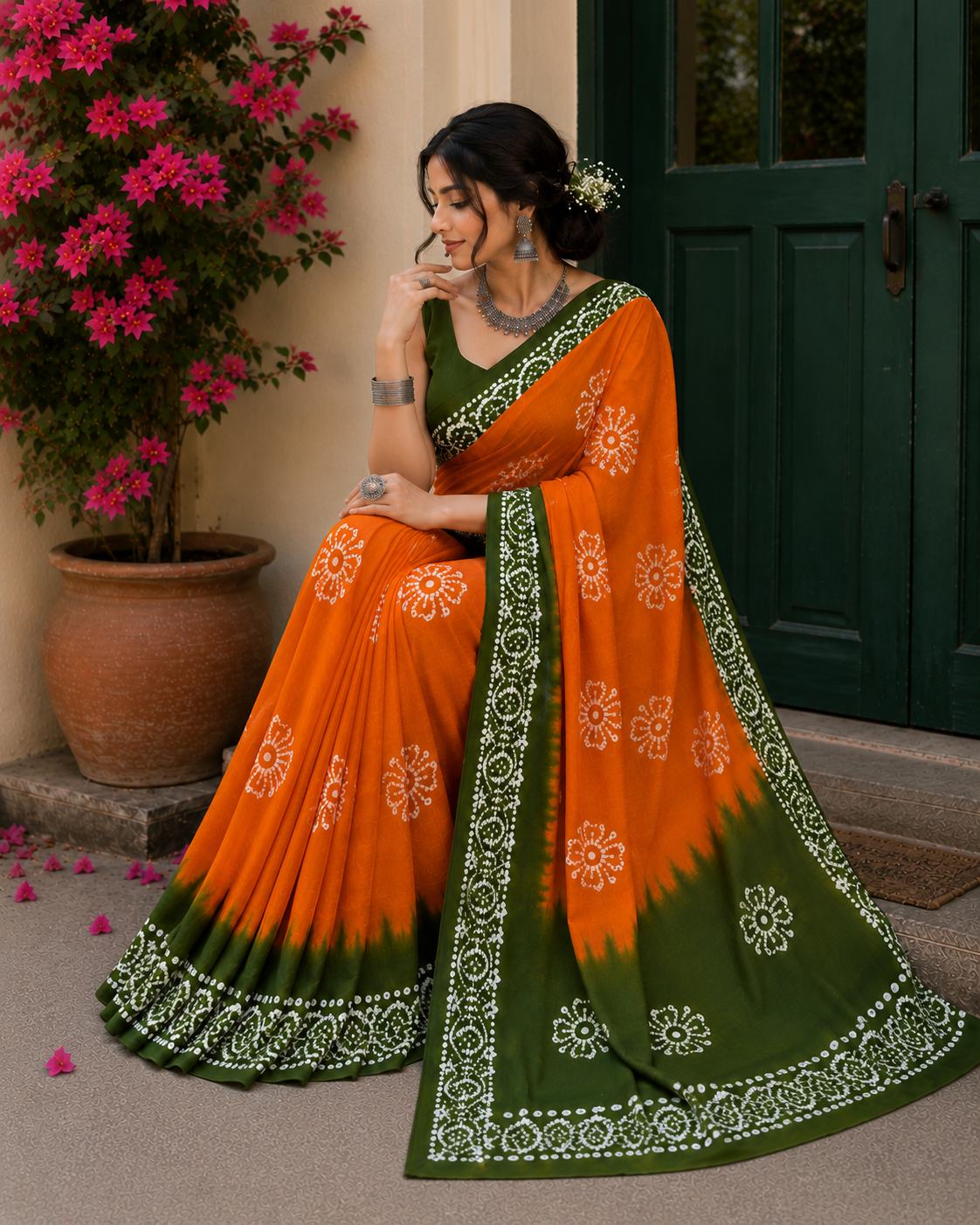 Mom Batik Orange + Green - Hand Block Saree