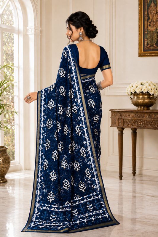 Hand Screen Print Cotton Saree – Indigo Blue Floral Design