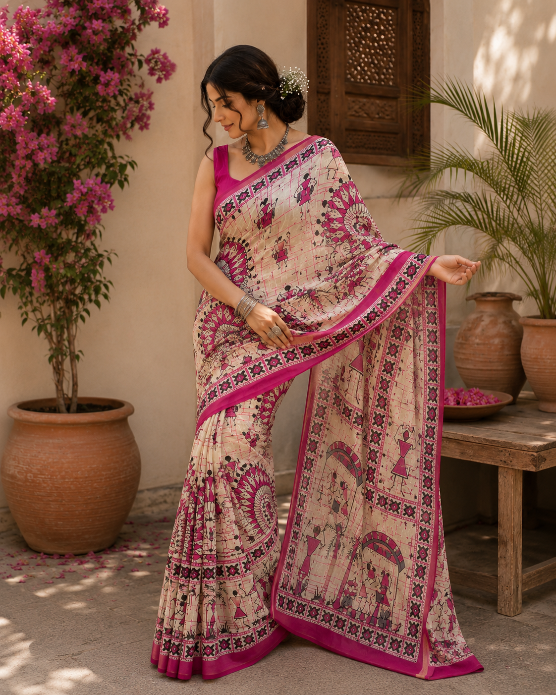 Mulmul Cotton Pink - Printed Saree
