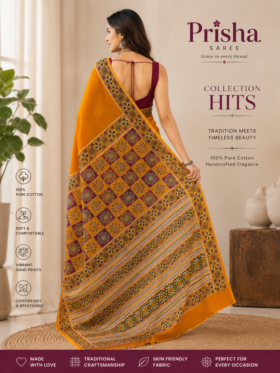 “Everyday Cotton Printed Saree – Organic Colour, Fade‑Free Wash Guarantee”