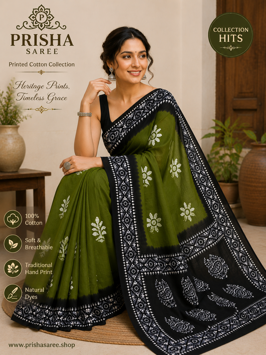 Prisha Olive Green Printed Cotton Saree with Black Hand Print Border | Soft Daily Wear Cotton Saree