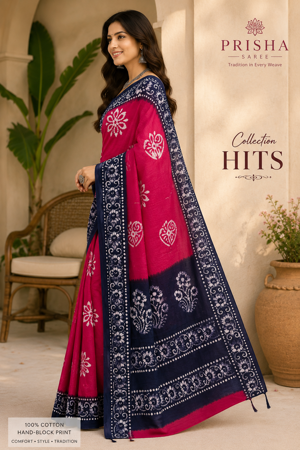 Prisha Rani Pink Hand Block Batik Cotton Saree with Navy Blue Hand Print Border | Soft Daily Wear Cotton Saree