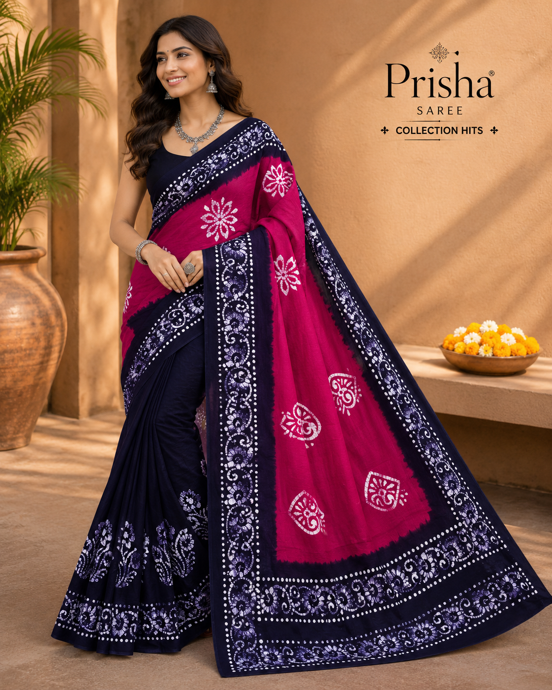 Prisha Rani Pink Hand Block Batik Cotton Saree with Navy Blue Hand Print Border | Soft Daily Wear Cotton Saree
