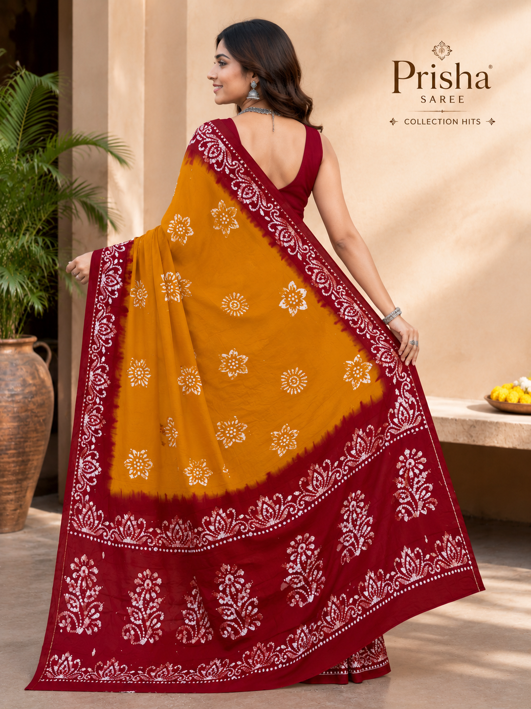Prisha Mustard Yellow Hand Block Batik Cotton Saree with Maroon Border | Soft Hand Printed Daily Wear Saree
