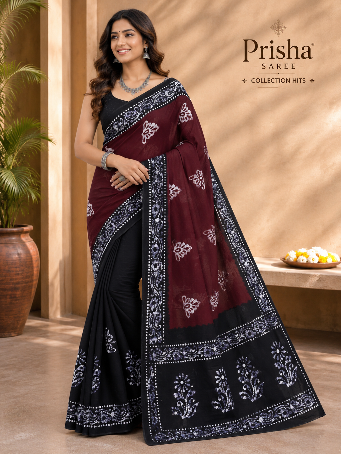 Prisha Wine Maroon Hand Batik Cotton Saree with Black Floral Border | Soft Hand Printed Daily Wear Saree