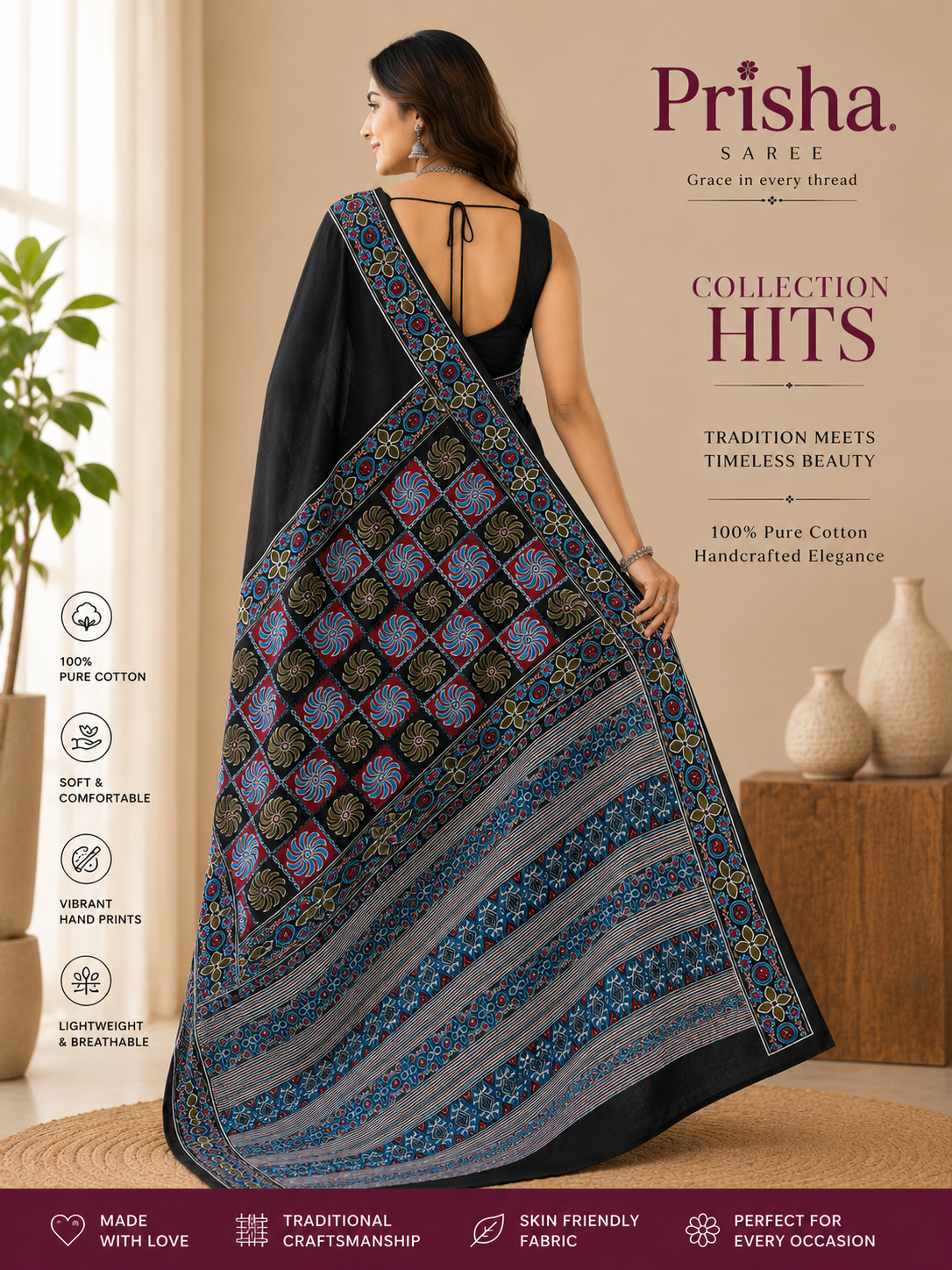 “Soft Cotton Printed Saree – Organic Dyes, Colour & Wash Guarantee”