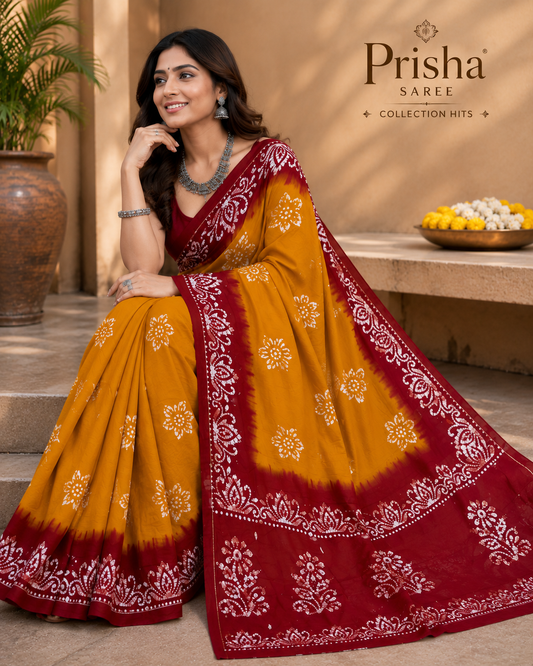 Prisha Mustard Yellow Printed Cotton Saree with Maroon Border | Soft Hand Printed Daily Wear Saree