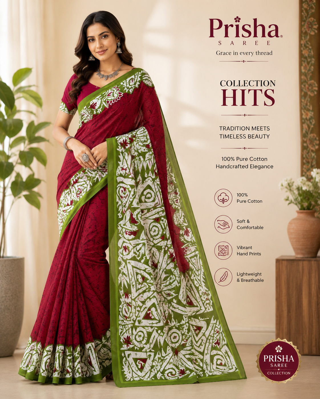 “Handprinted Cotton Saree – Organic Colours, Easy Wash Guarantee”