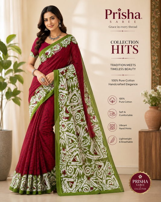 “Handprinted Cotton Saree – Organic Colours, Easy Wash Guarantee”