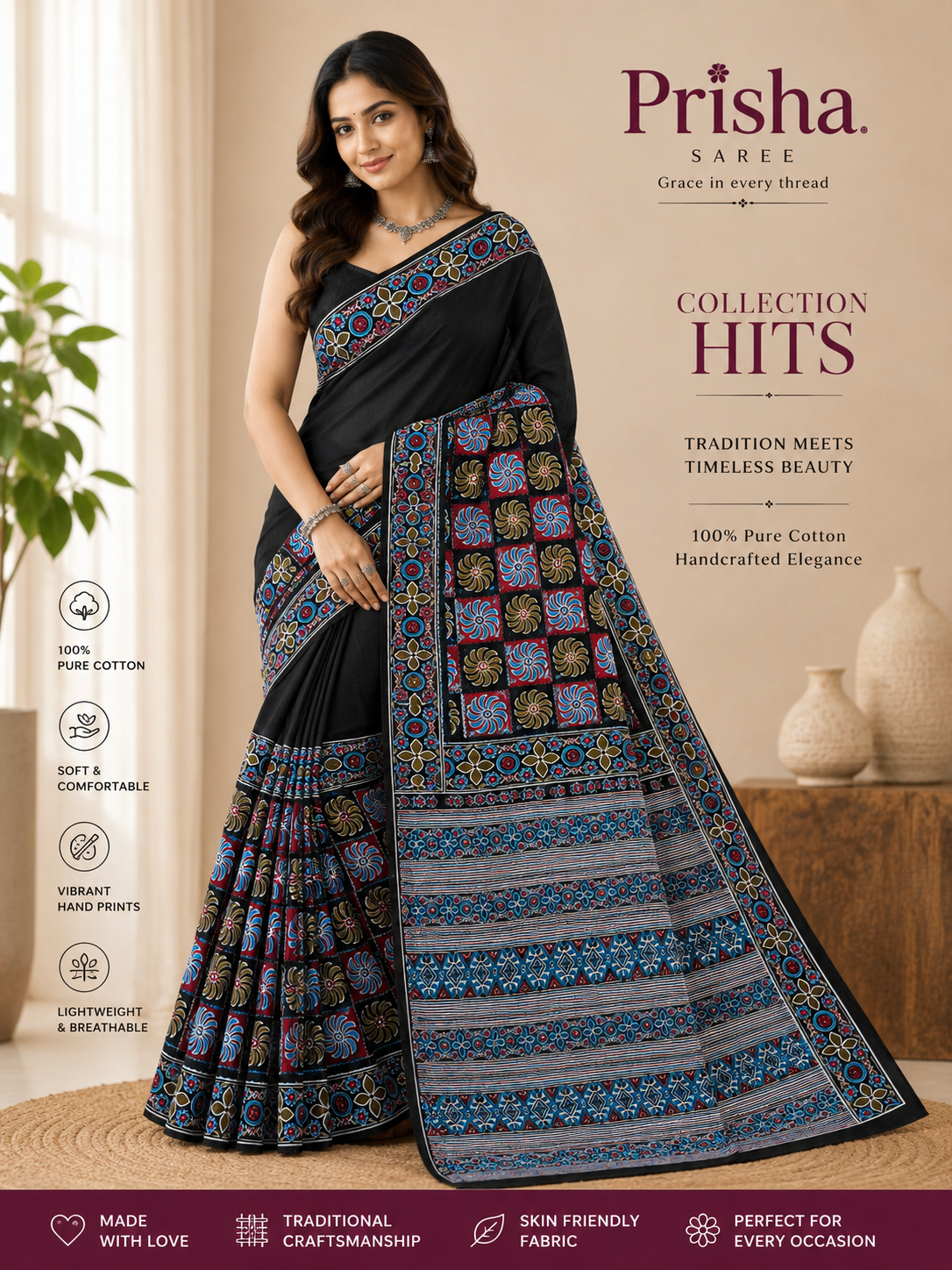 “Soft Cotton Printed Saree – Organic Dyes, Colour & Wash Guarantee”
