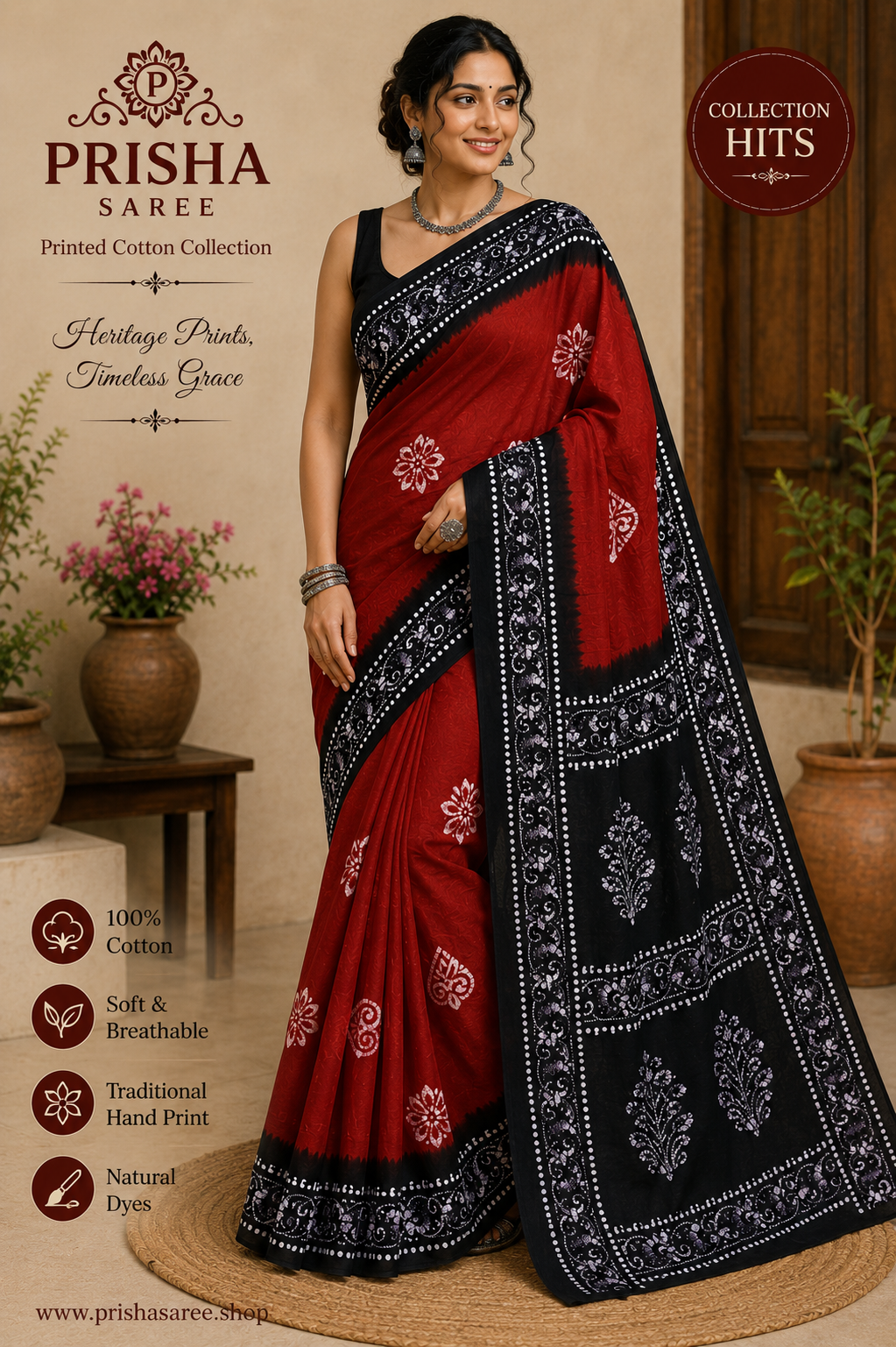 Prisha Maroon Hand Block Print Cotton Saree with Black Hand Print Border | Soft Daily Wear Cotton Saree