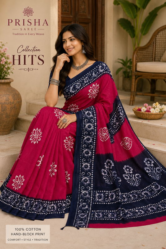 Prisha Rani Pink Printed Cotton Saree with Navy Blue Hand Print Border | Soft Daily Wear Cotton Saree