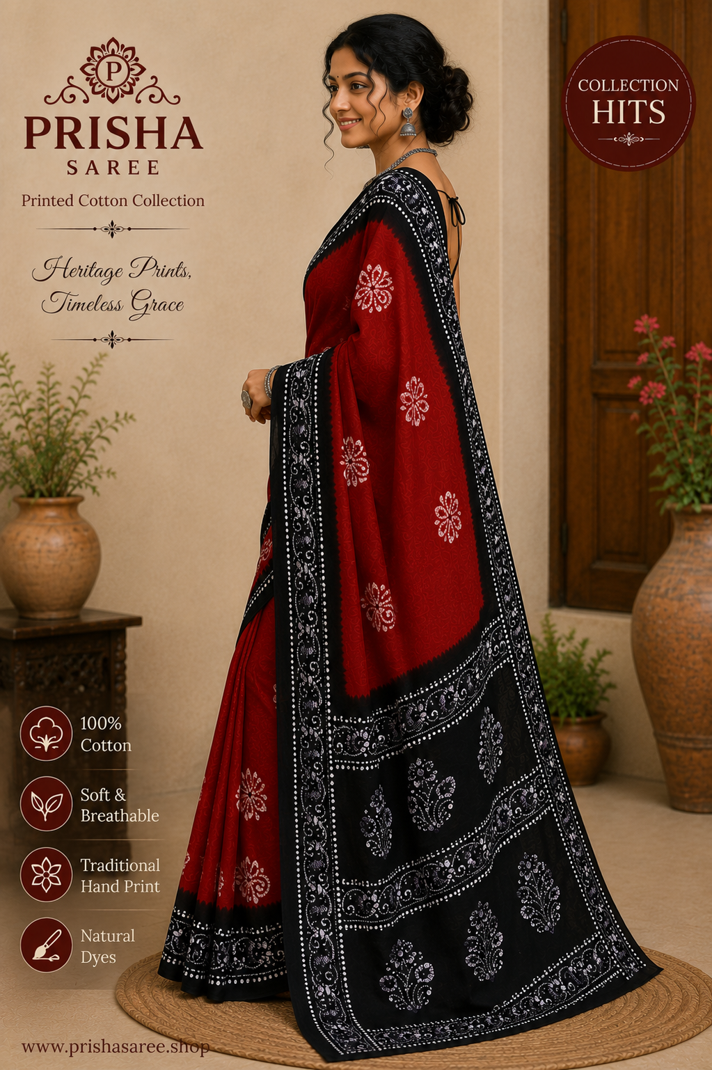 Prisha Maroon Hand Block Print Cotton Saree with Black Hand Print Border | Soft Daily Wear Cotton Saree