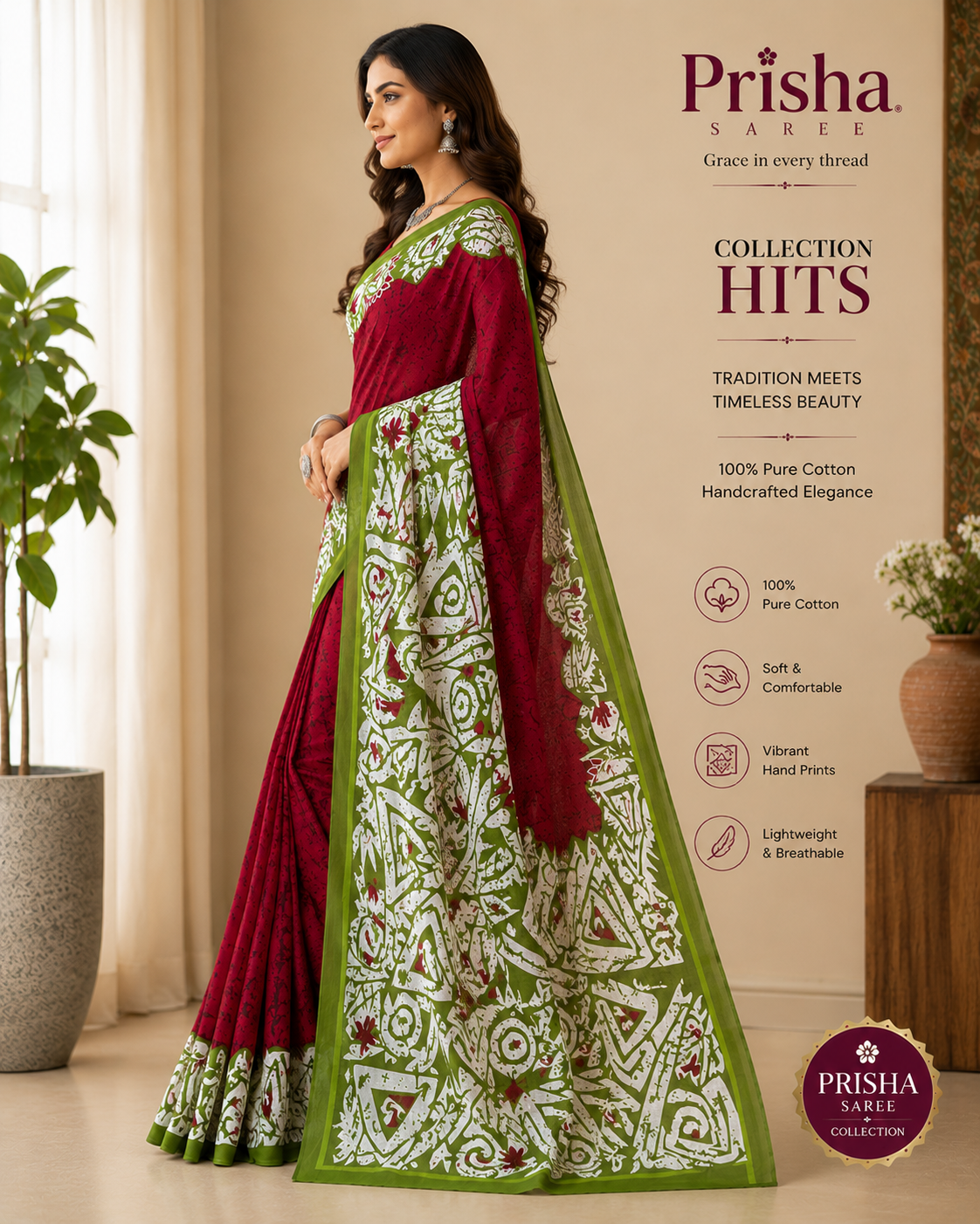 “Handprinted Cotton Saree – Organic Colours, Easy Wash Guarantee”