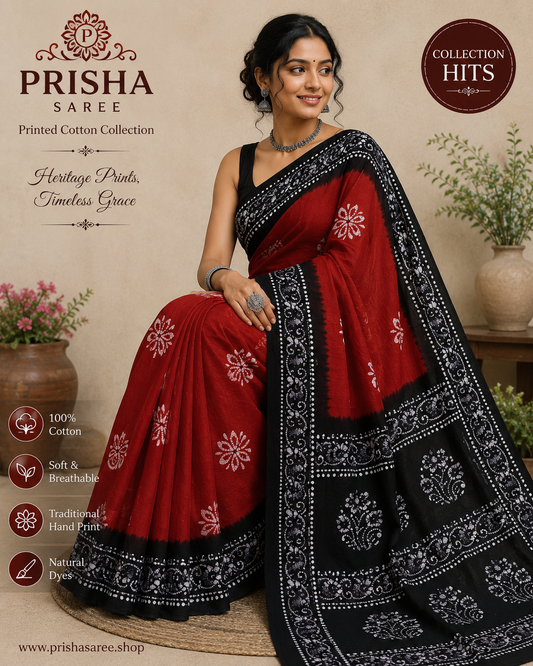 Prisha Maroon Printed Cotton Saree with Black Hand Print Border | Soft Daily Wear Cotton Saree