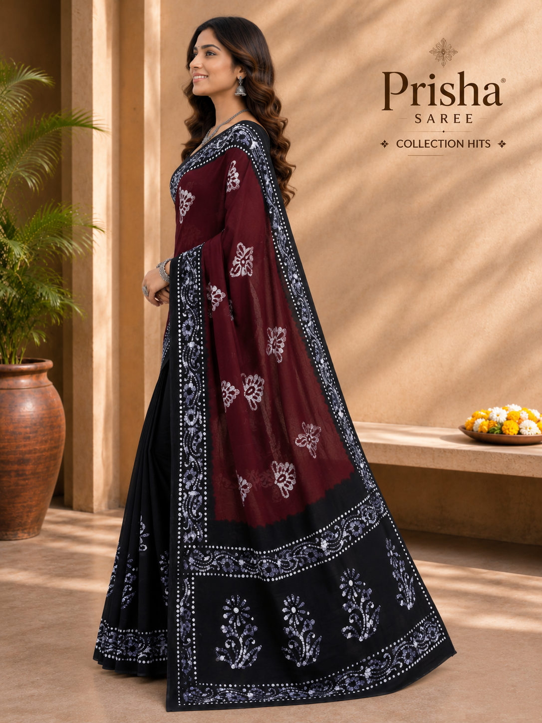 Prisha Wine Maroon Hand Batik Cotton Saree with Black Floral Border | Soft Hand Printed Daily Wear Saree