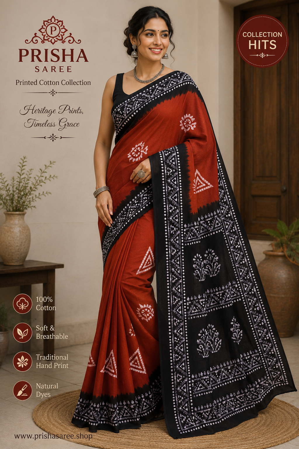 Prisha Rust Orange Hand Block Batik Cotton Saree with Black Tribal Print Border | Soft Hand Printed Daily Wear Sar