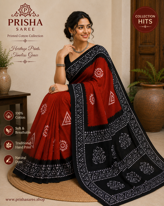 Prisha Rust Orange Printed Cotton Saree with Black Tribal Print Border | Soft Hand Printed Daily Wear Sar