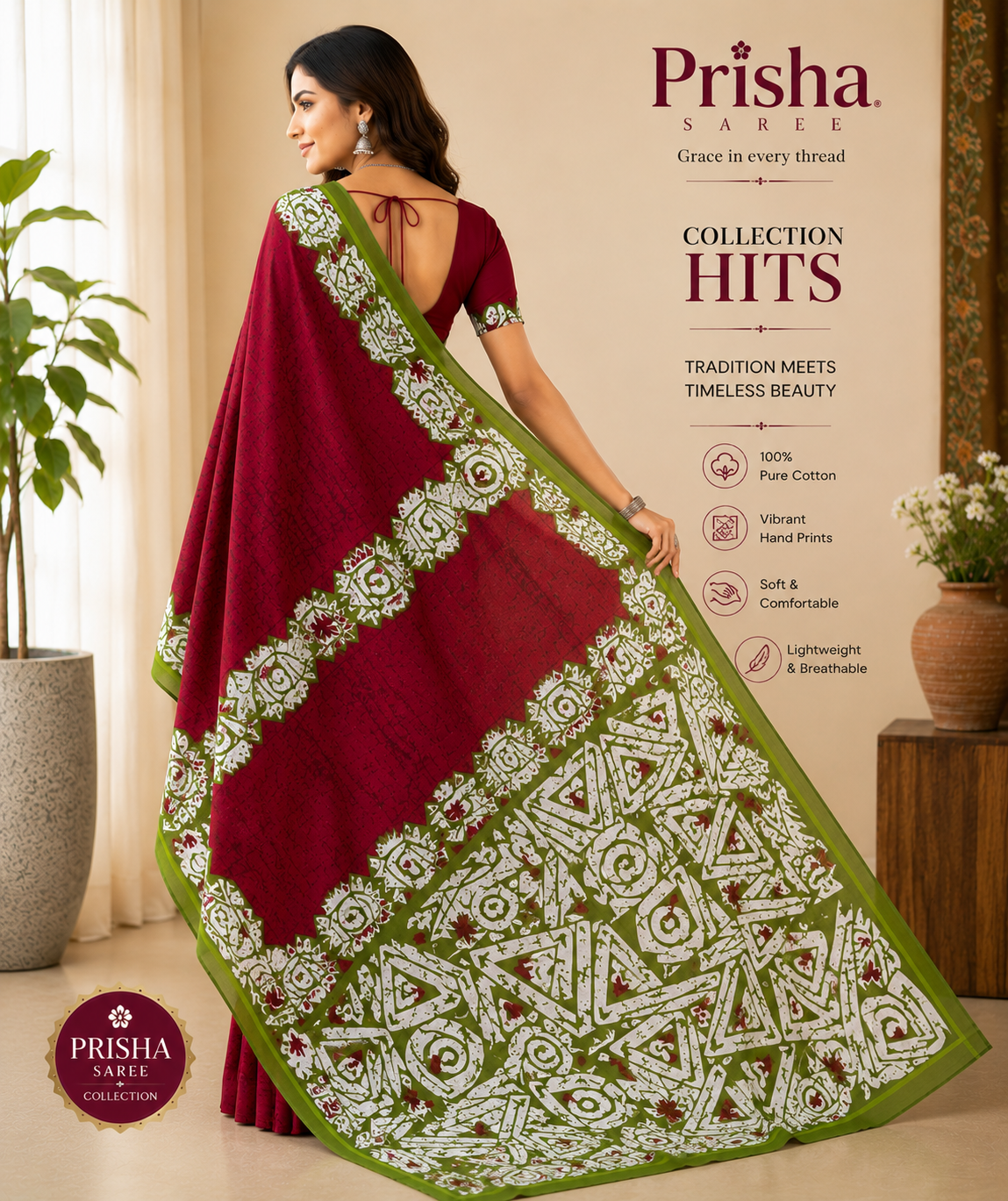 “Handprinted Cotton Saree – Organic Colours, Easy Wash Guarantee”