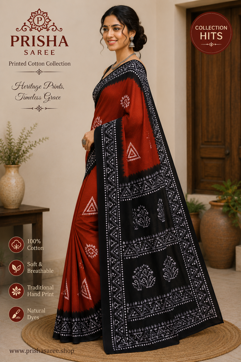 Prisha Rust Orange Hand Block Batik Cotton Saree with Black Tribal Print Border | Soft Hand Printed Daily Wear Sar