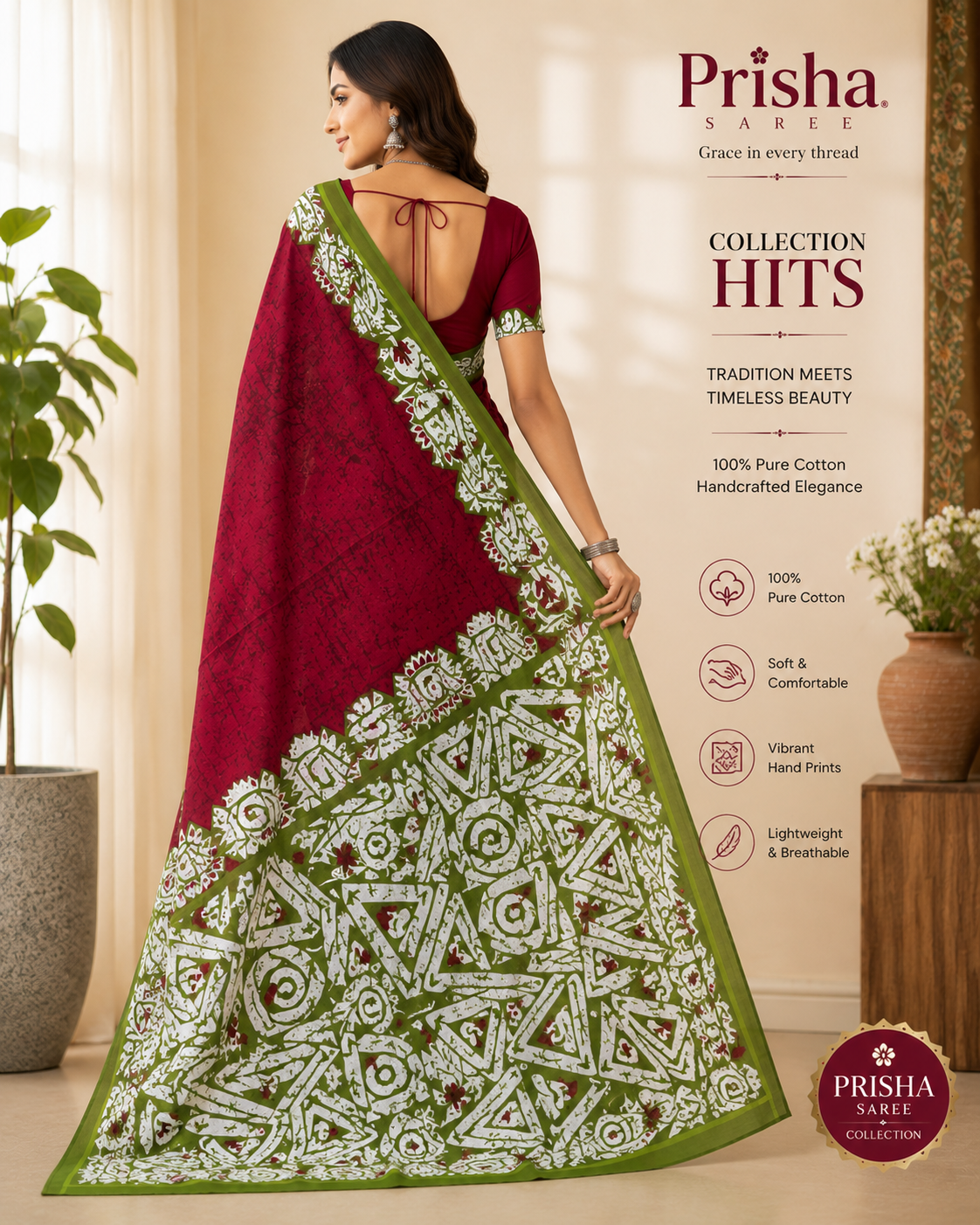 “Handprinted Cotton Saree – Organic Colours, Easy Wash Guarantee”