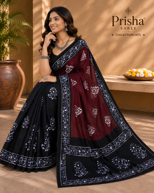 Prisha Wine Maroon Printed Cotton Saree with Black Floral Border | Soft Hand Printed Daily Wear Saree