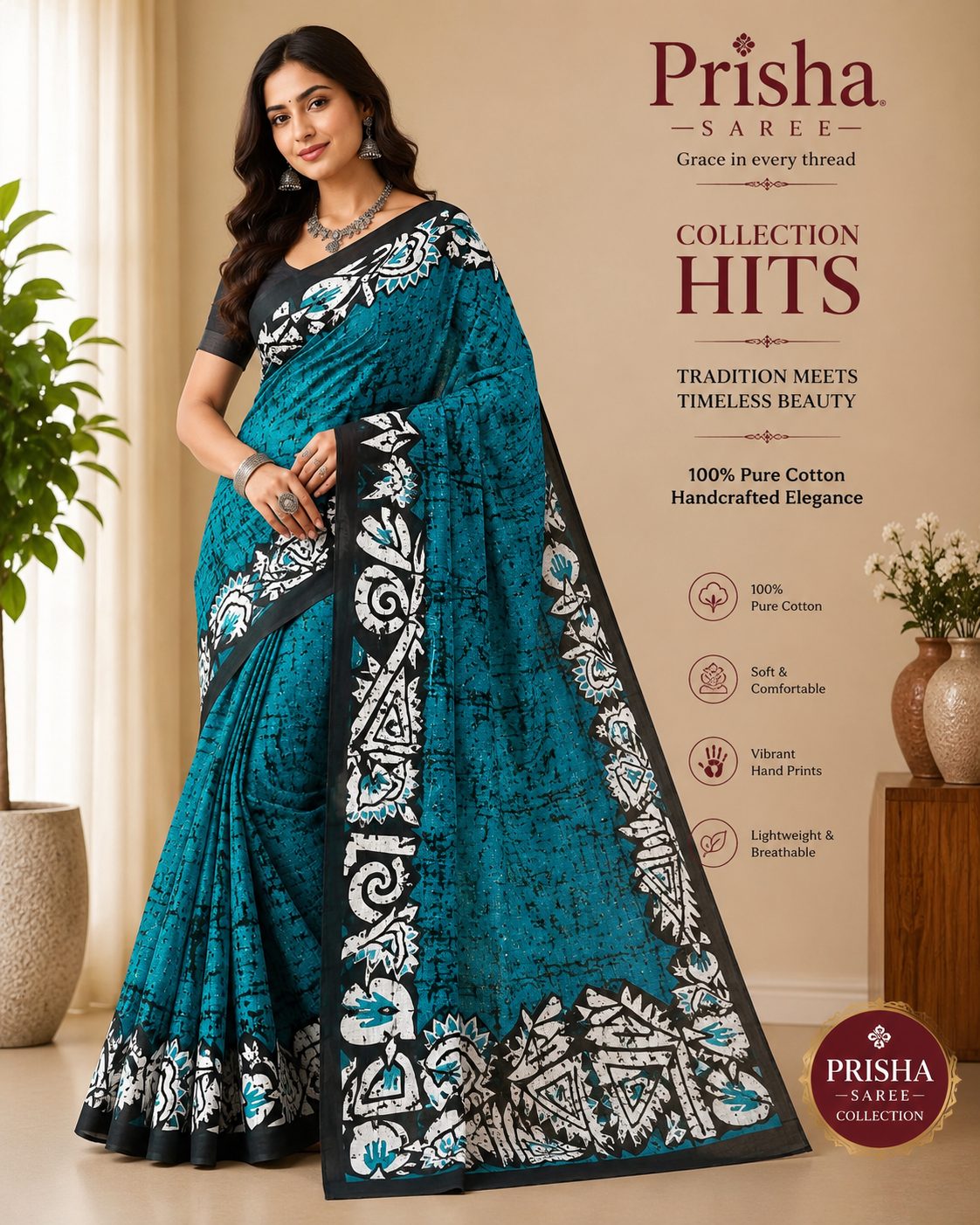 Jaipuri Hand Printed Malmal Cotton Saree – Soft Cotton Drape