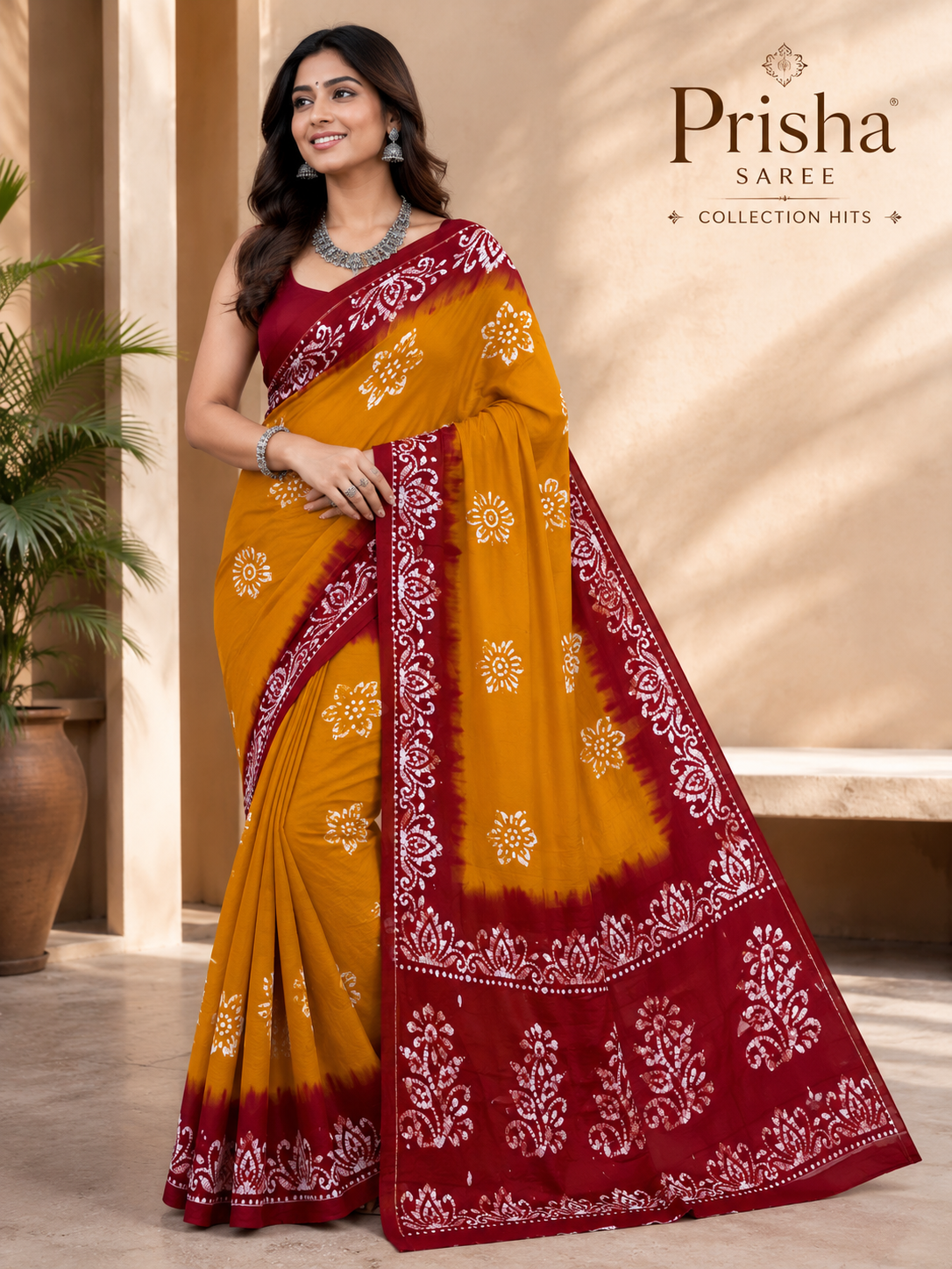 Prisha Mustard Yellow Hand Block Batik Cotton Saree with Maroon Border | Soft Hand Printed Daily Wear Saree