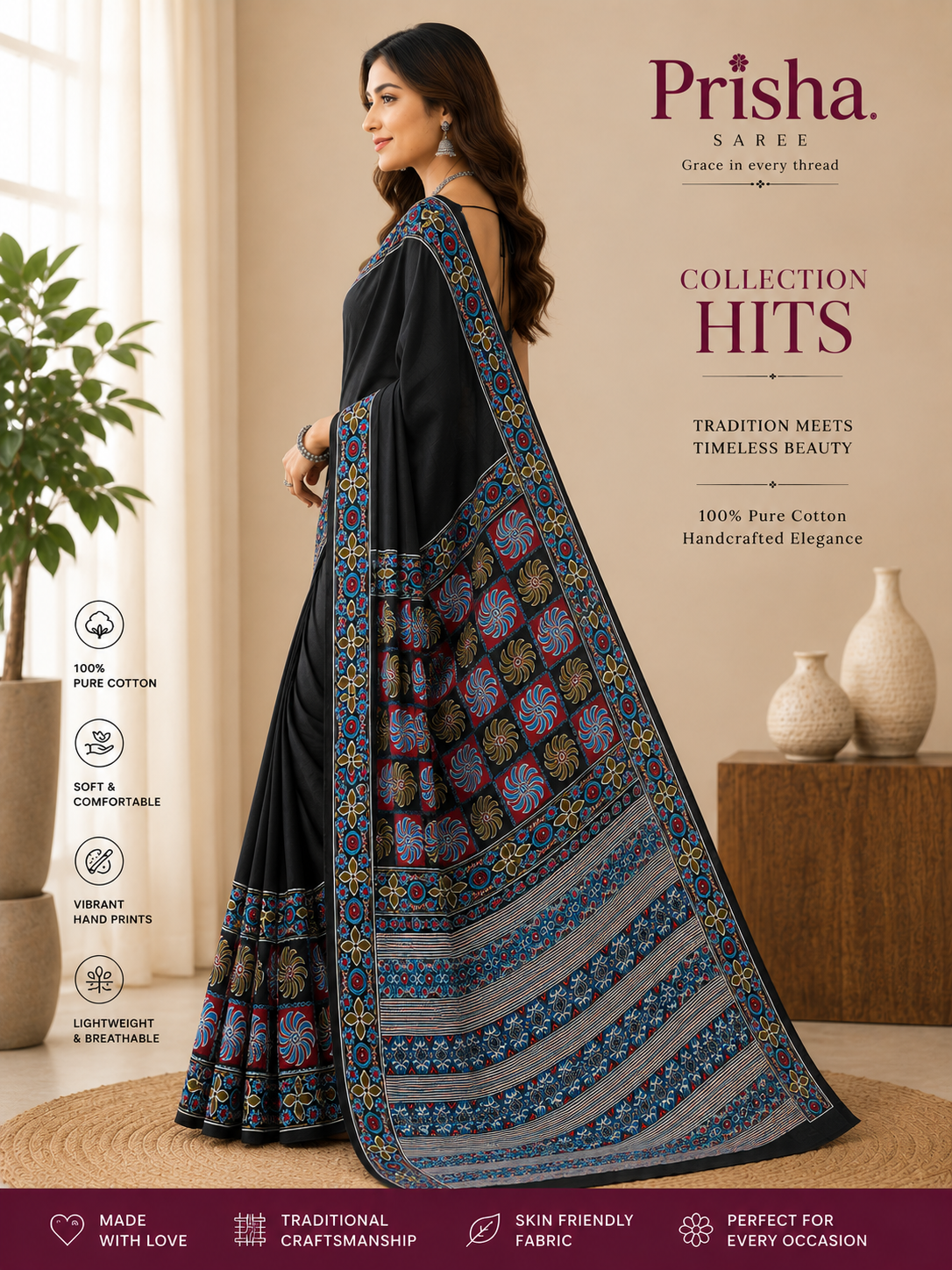 “Soft Cotton Printed Saree – Organic Dyes, Colour & Wash Guarantee”