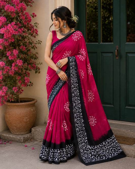 Mom Batik Pink + Black - Hand Block Saree
