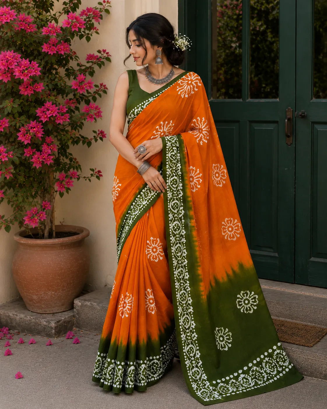 Mom Batik Orange + Green - Hand Block Saree