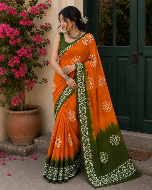 Mom Batik Orange + Green - Hand Block Saree