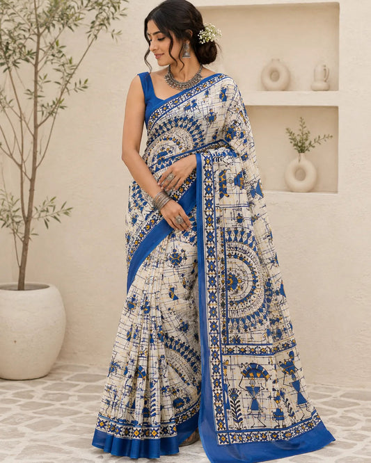 Mulmul Cotton Blue - Printed Saree
