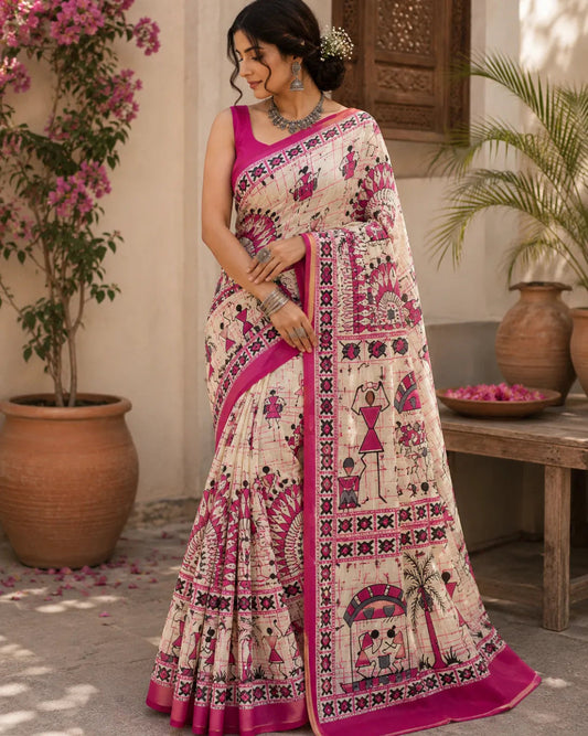 Mulmul Cotton Pink - Printed Saree