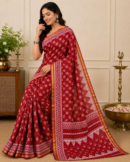 Chanderi Red Cotton Saree