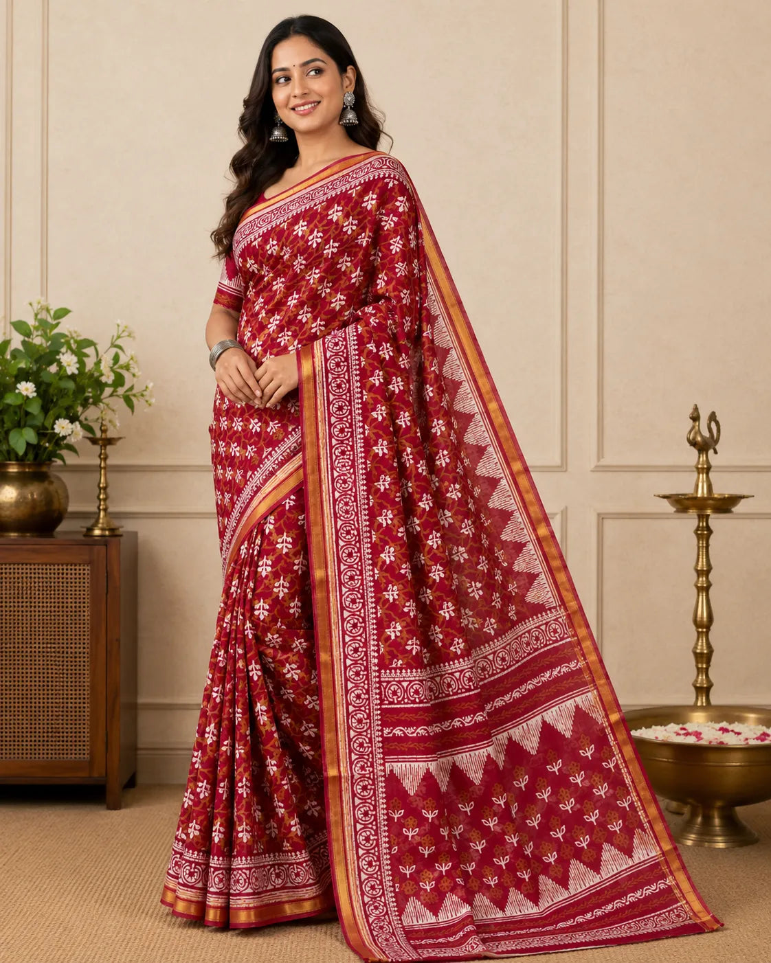 Chanderi Red Cotton Saree