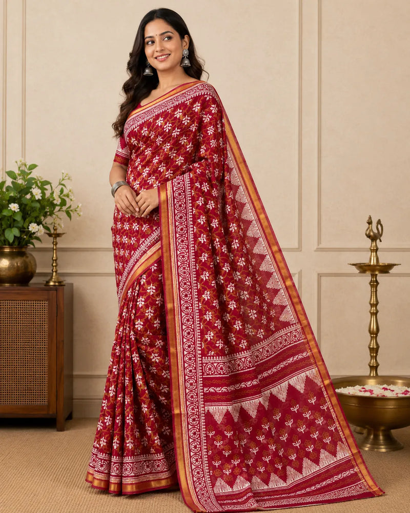 Chanderi Red Cotton Saree
