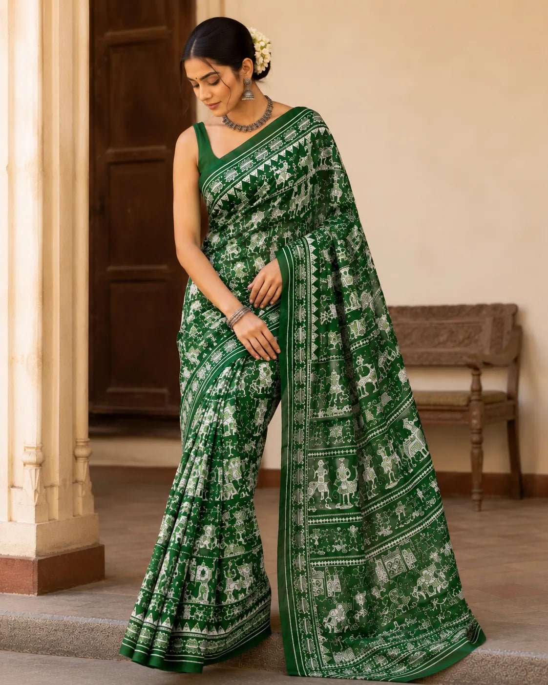 Mulmul Cotton Green - Printed Saree