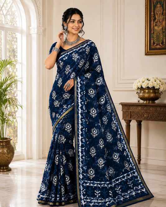 Hand Screen Print Cotton Saree – Indigo Blue Floral Design