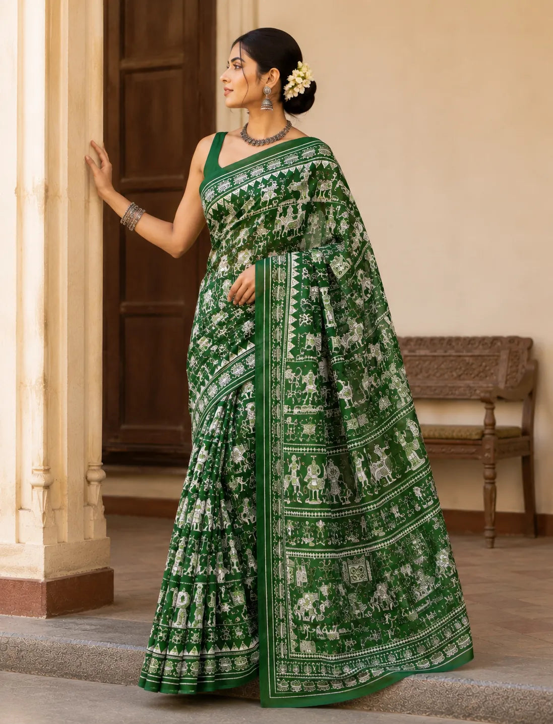 Mulmul Cotton Green - Printed Saree