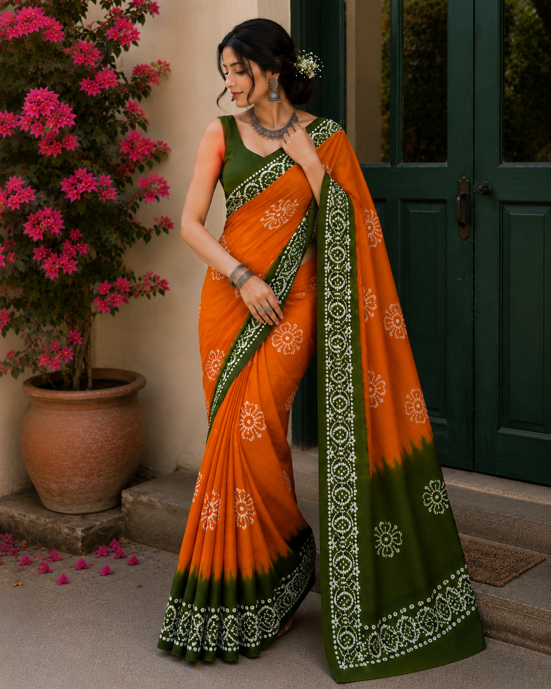 Mom Batik Orange + Green - Hand Block Saree