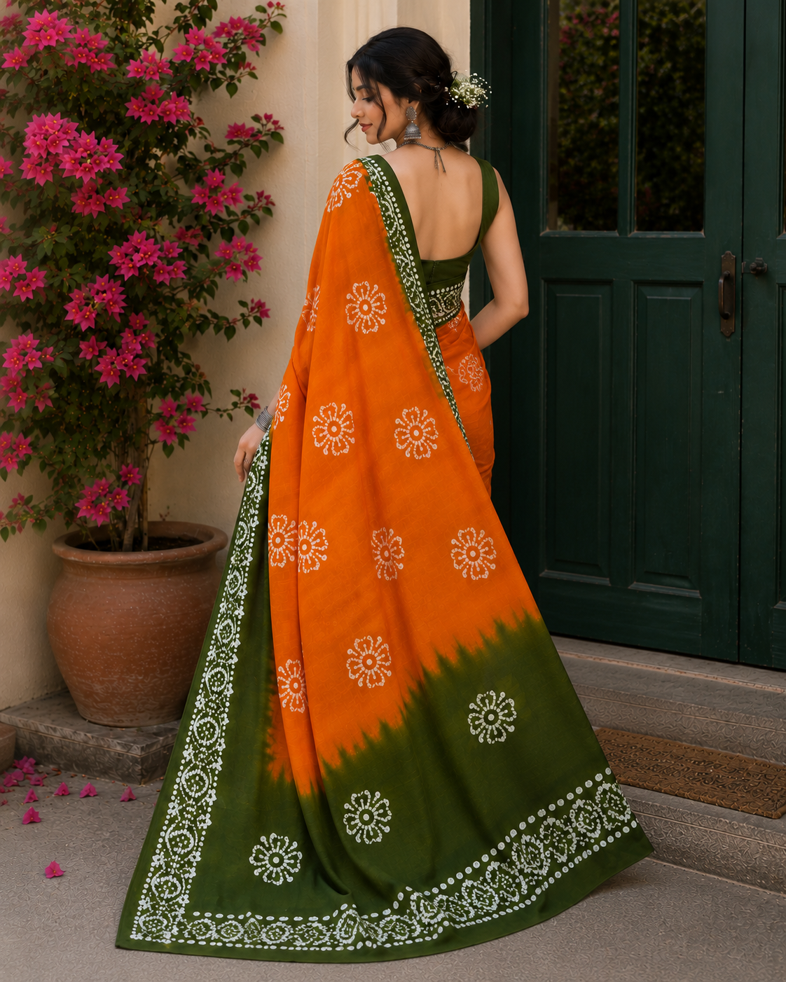 Mom Batik Orange + Green - Hand Block Saree