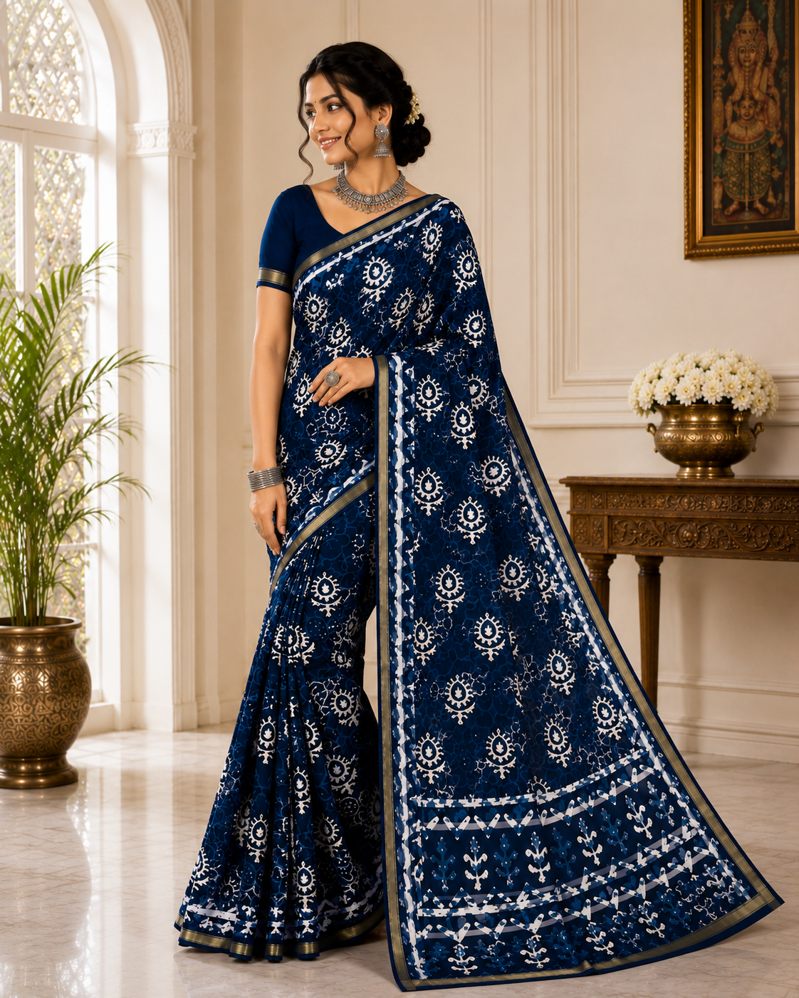 Hand Screen Print Cotton Saree – Indigo Blue Floral Design
