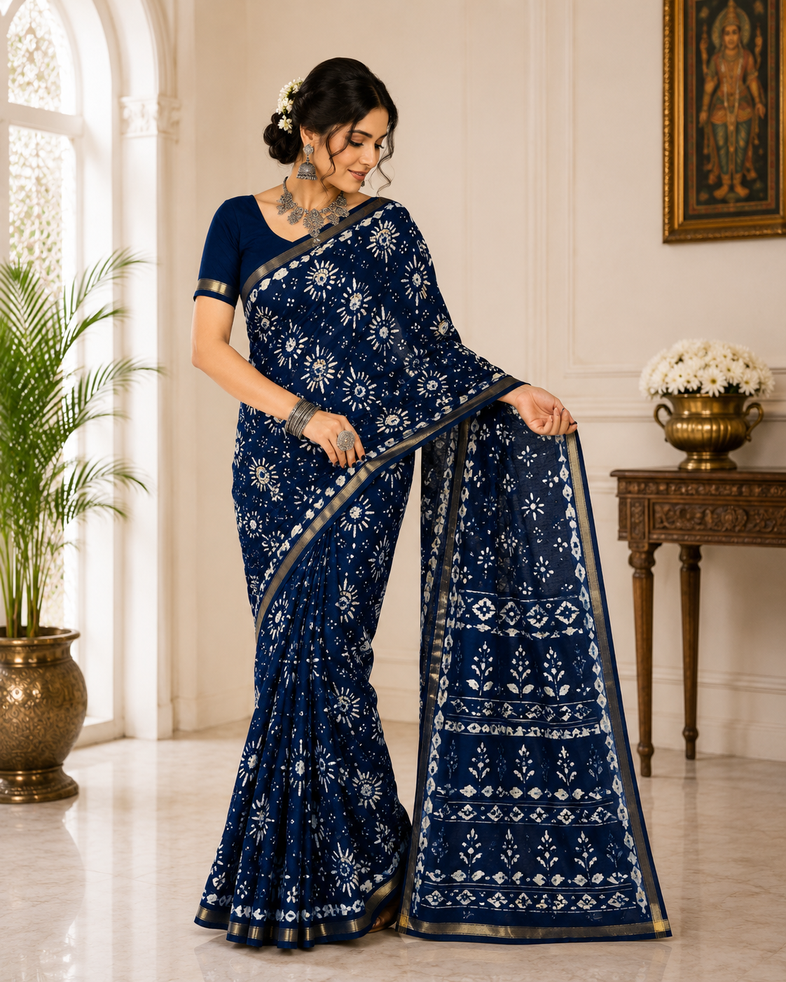 Hand Screen Print Cotton Saree – Indigo Blue Floral Design