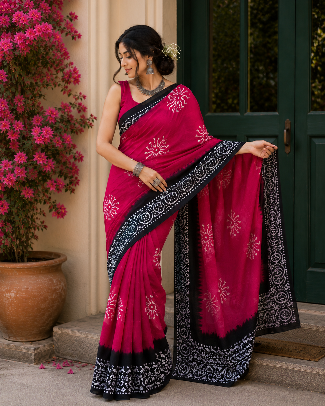 Mom Batik Pink + Black - Hand Block Saree