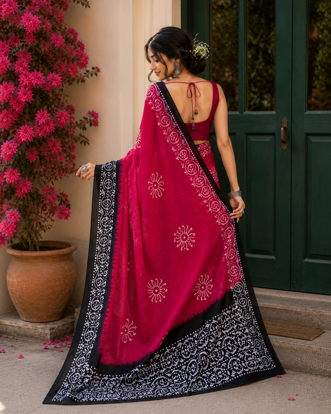 Mom Batik Pink + Black - Hand Block Saree